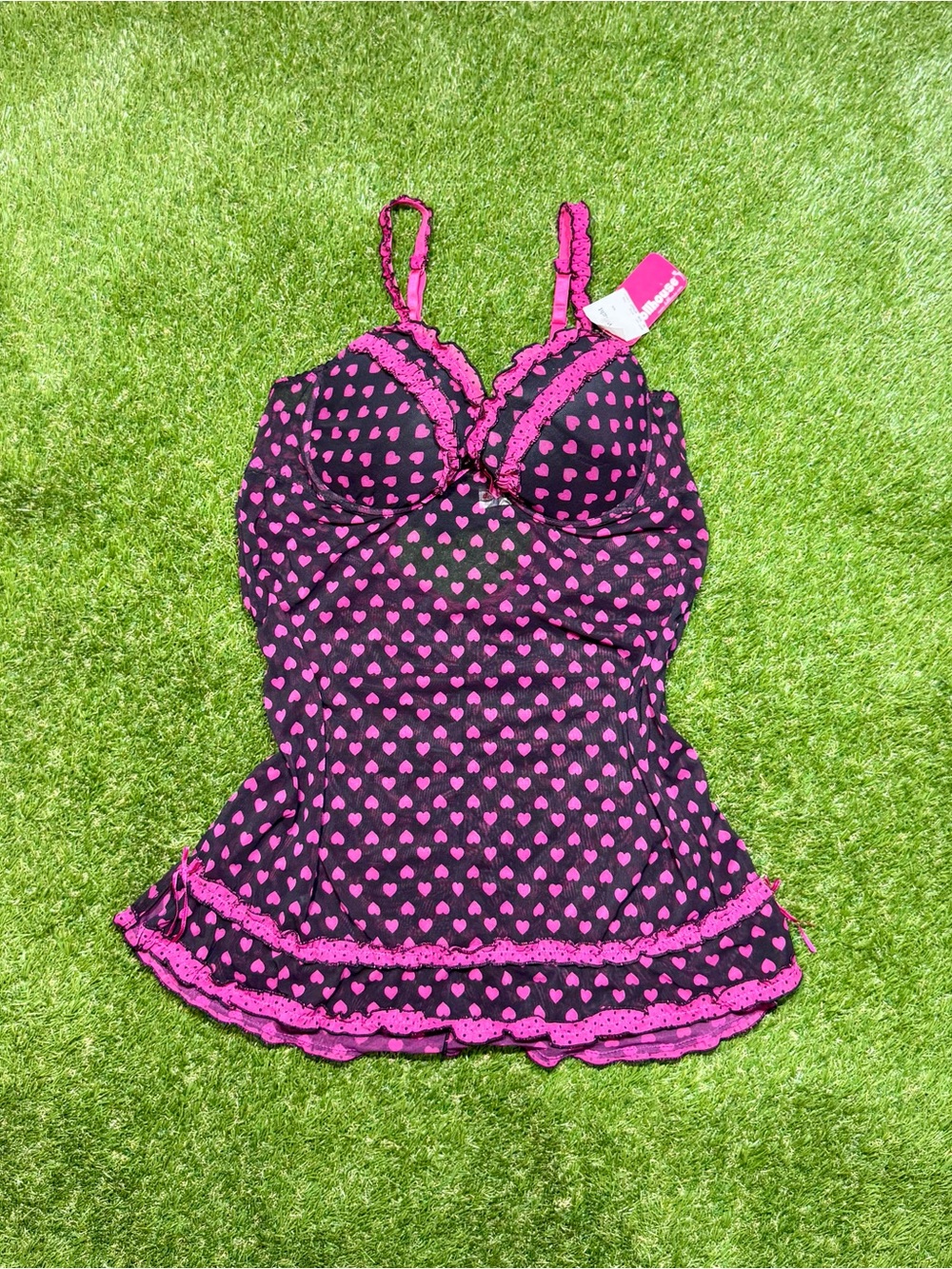 NWT Dollhouse Heart Print Lingerie Top Ruffled Trim Women’s 2X Black Hot Pink